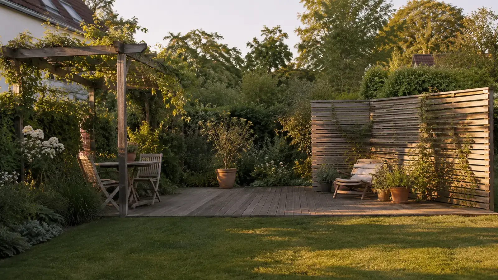 Holzpergola mit Sichtschutz-Wand und Sitzbereich auf einer Holzterrasse im abendlich beleuchteten Hausgarten