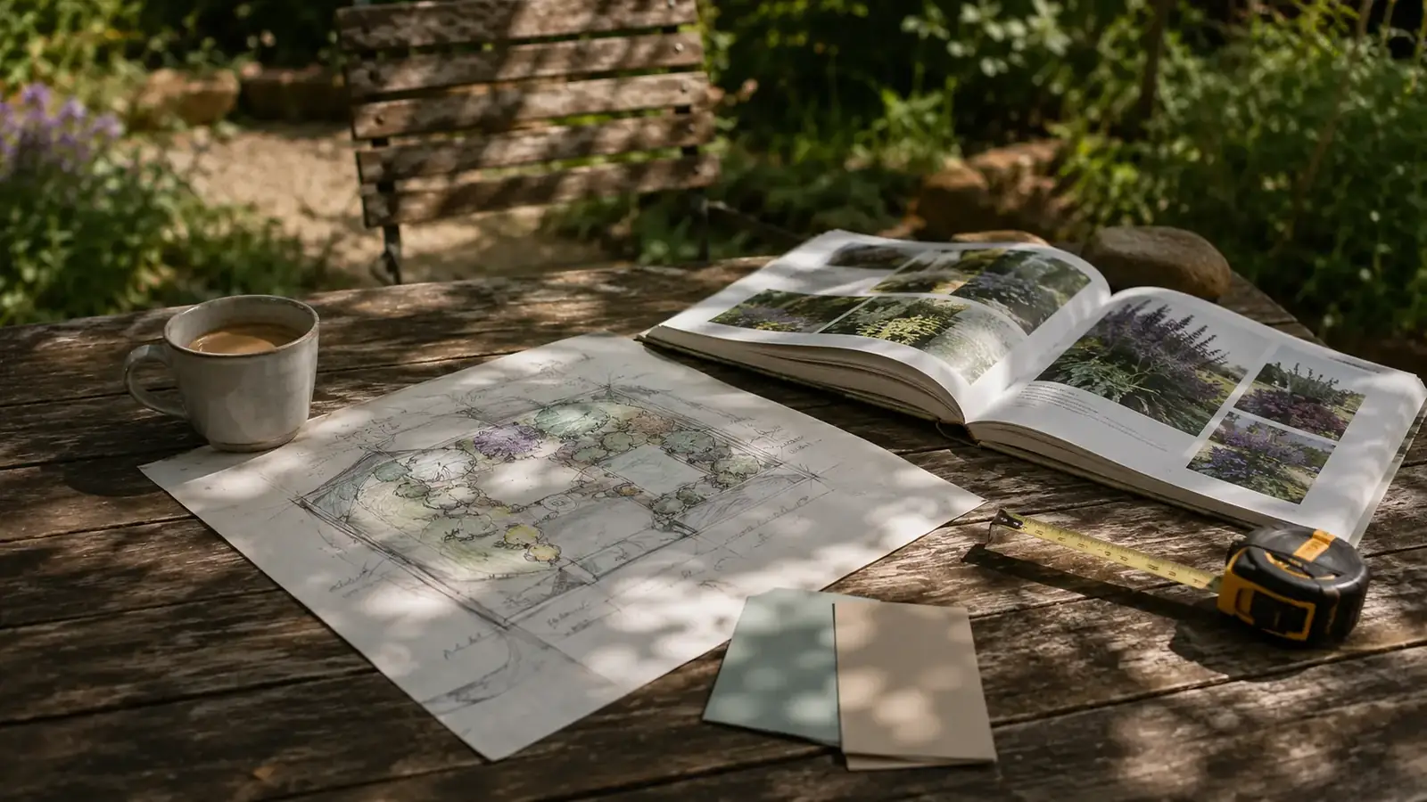 Handgezeichneter Gartenplan, geöffnetes Pflanzenbuch und Maßband auf einem rustikalen Holztisch im Garten