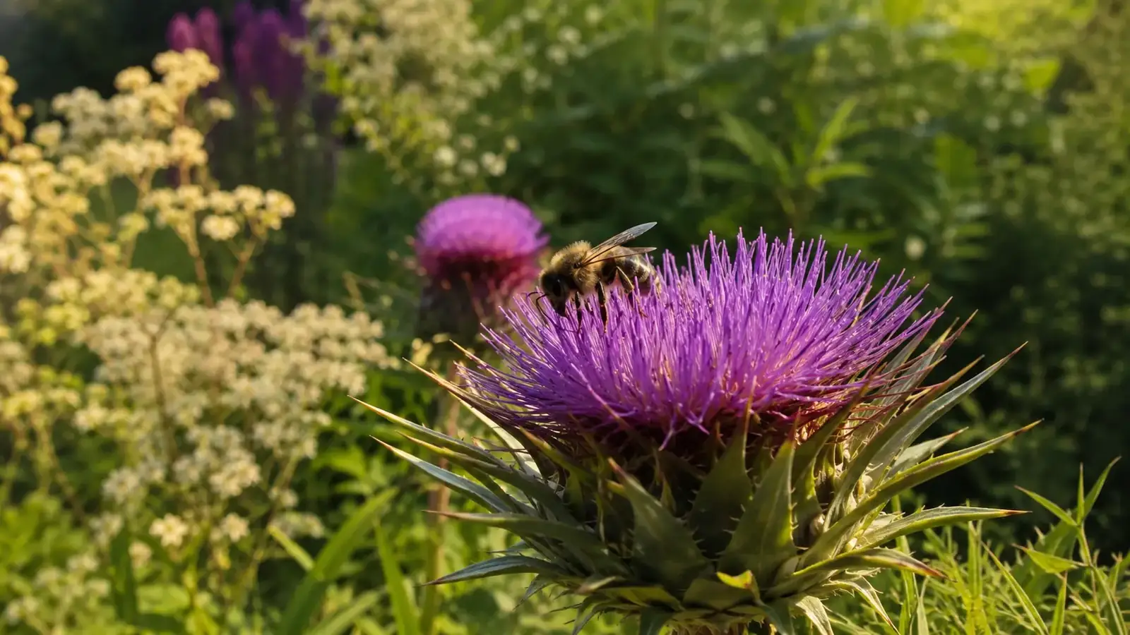 Honigbiene auf einer violett blühenden Kardendistel in einer naturnahen Wildblumenwiese