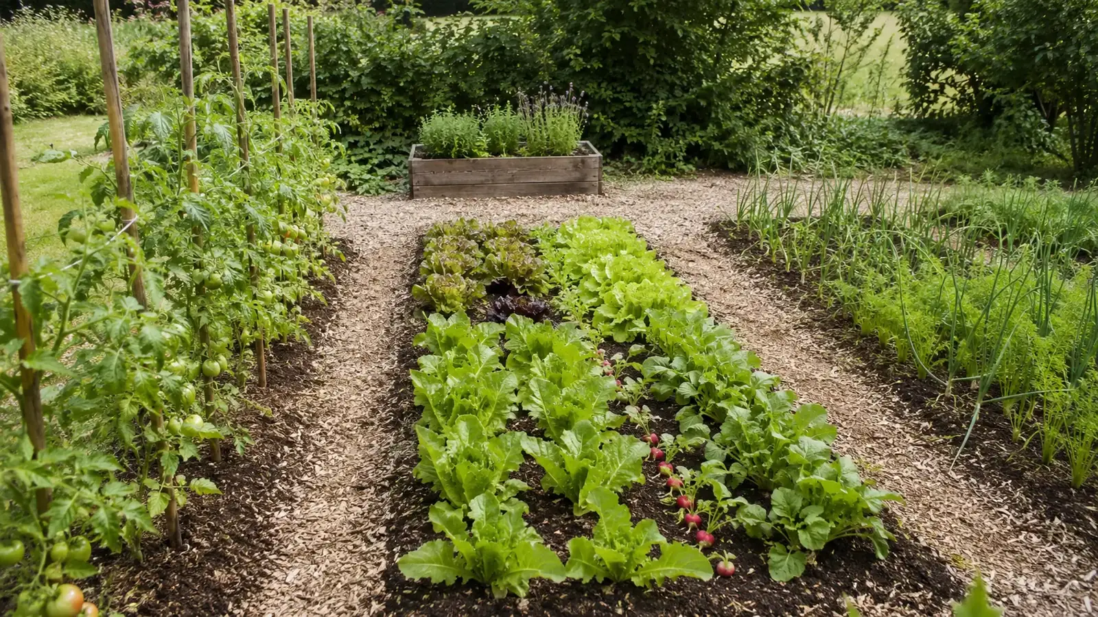 Gemüsegarten mit Tomaten, Salat und Erdbeeren in geordneten Beeten, im Hintergrund ein Holz-Hochbeet mit Kräutern