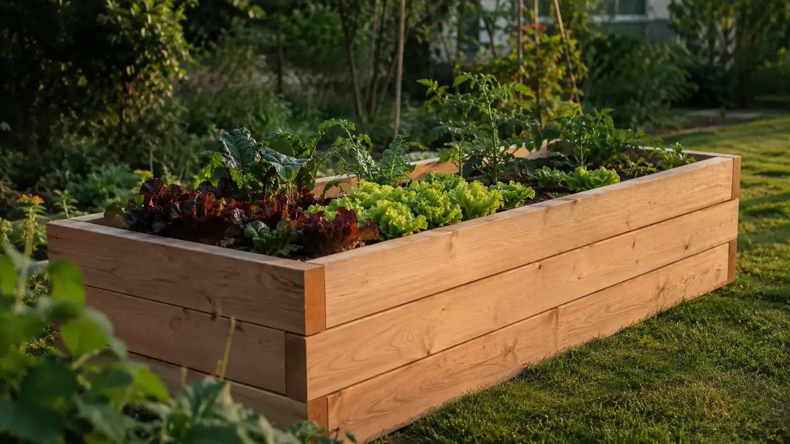 Selbstgebautes Hochbeet aus Lärchenholz mit Salat, Mangold und Kohlrabi im Hausgarten