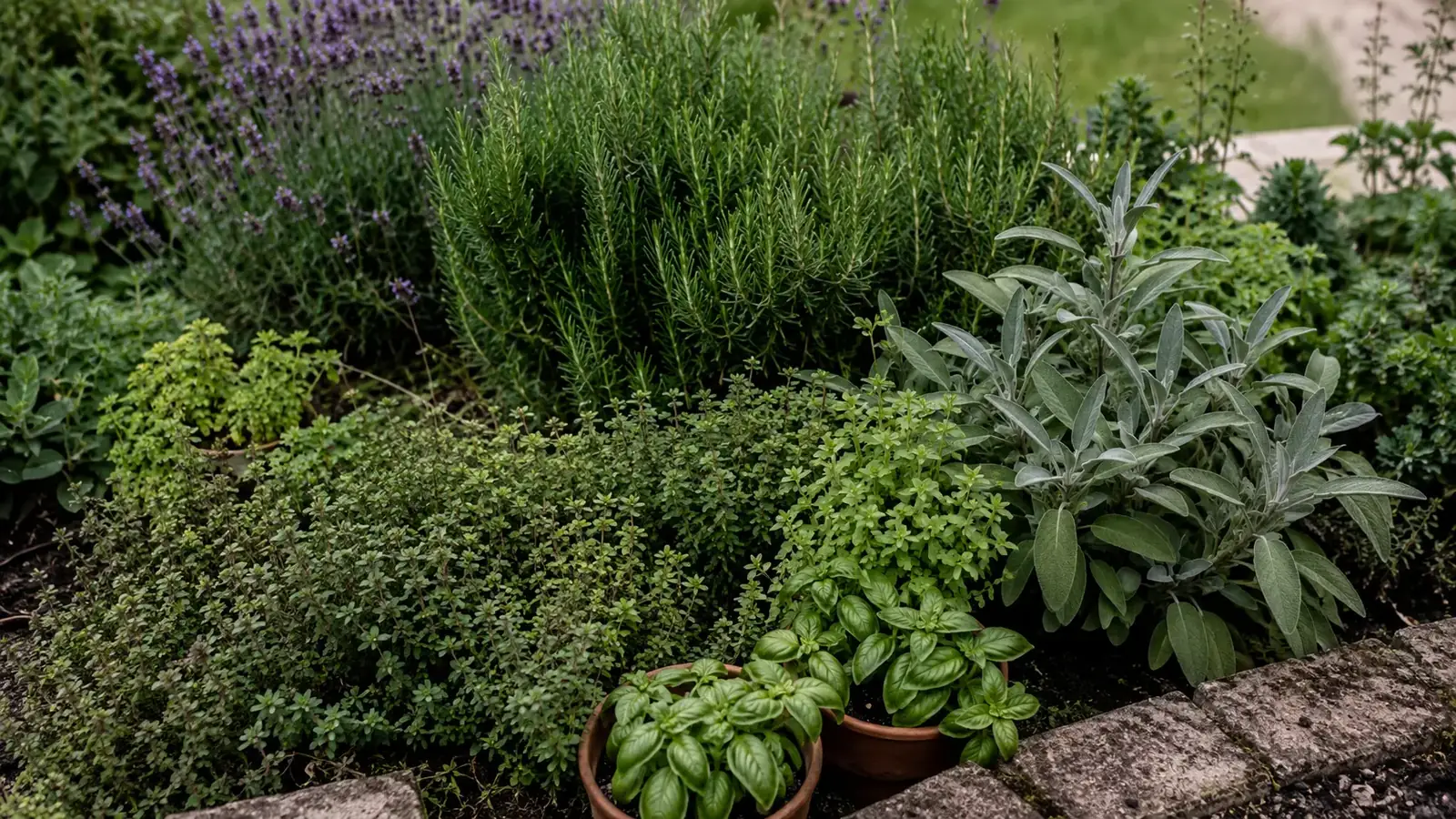 Kräuterbeet mit Lavendel, Rosmarin, Thymian, Salbei und einem Basilikum-Topf an einer Steinmauer