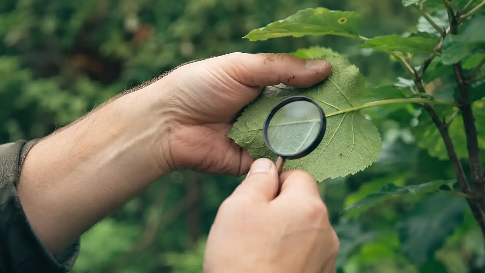 Hand mit Lupe untersucht ein Blatt im Garten auf Schädlinge und Pflanzenkrankheiten