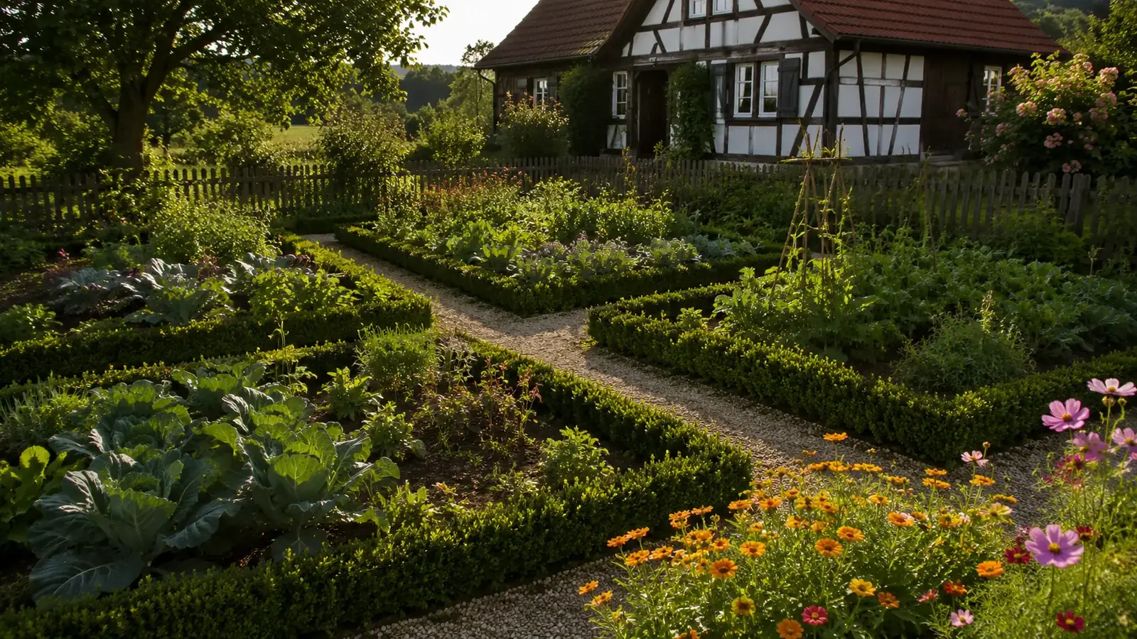 Bauerngarten mit Wegekreuz, eingefassten Beeten und Staketenzaun