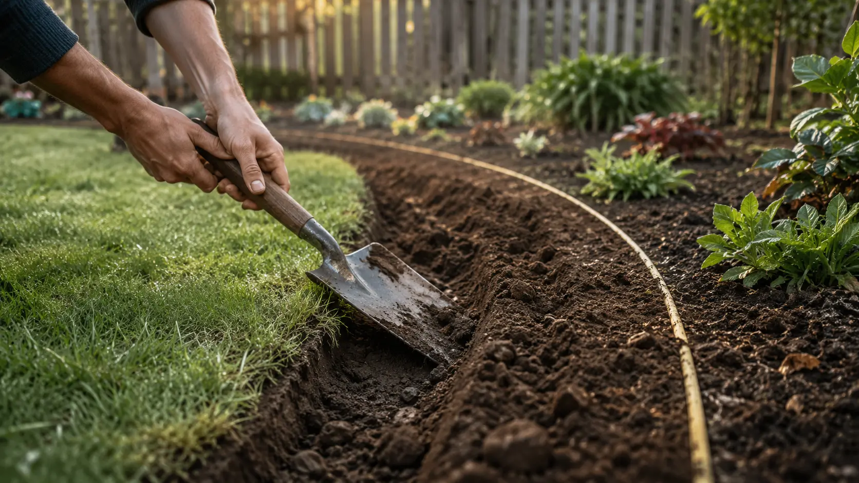 Frisch angelegtes Gartenbeet mit fein gelockertem Boden und ersten Pflanzen