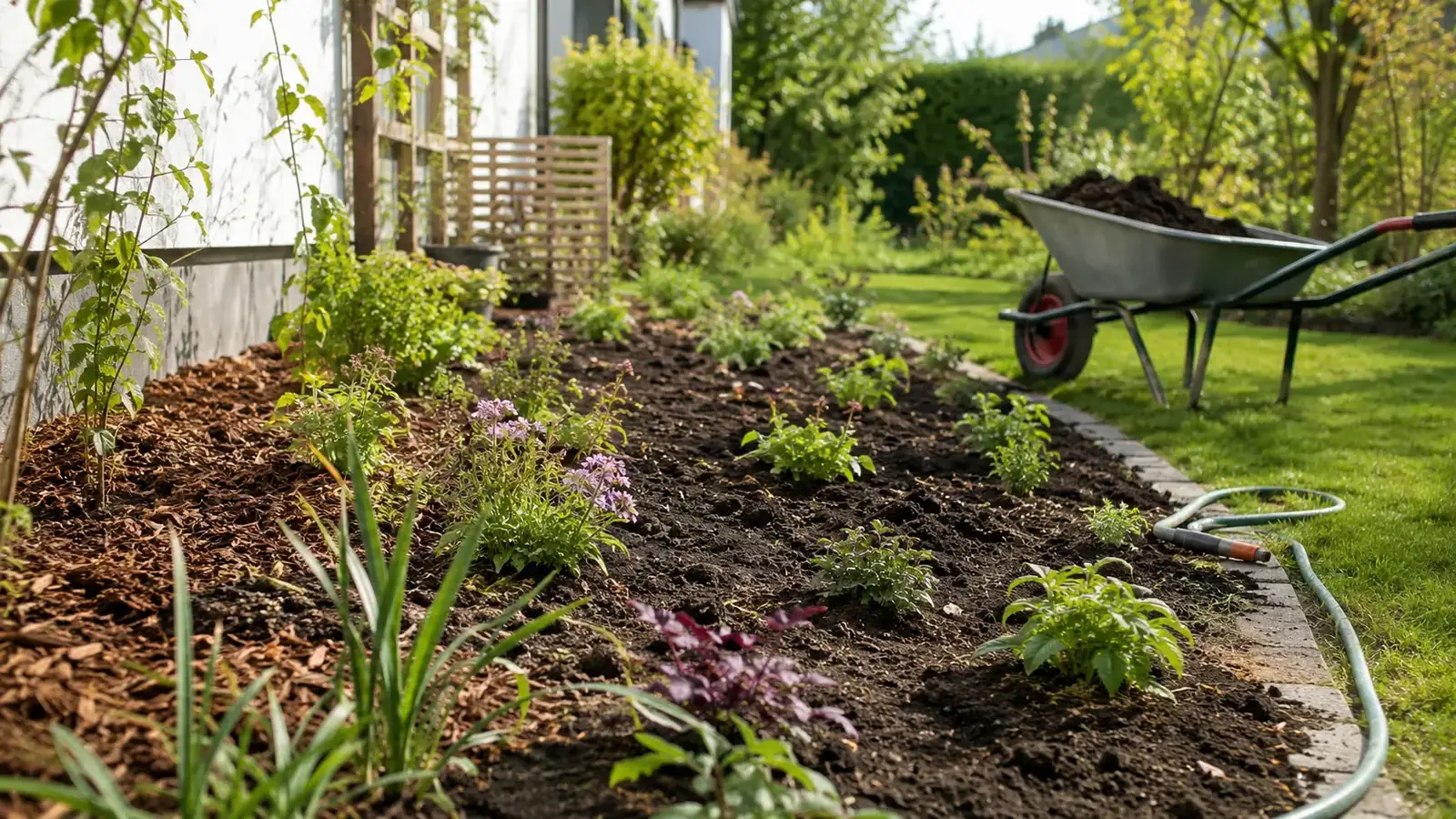Neu angelegter Garten mit frischer Terrasse, jungen Beeten und Rasen