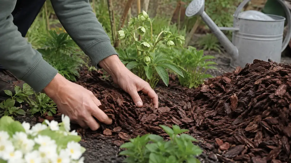 Mulchschicht aus Rindenhäcksel auf einem frisch bepflanzten Beet