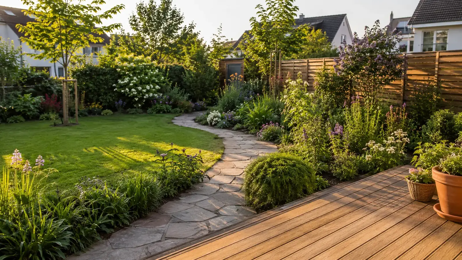 Gartenplanung mit Kostenkalkulation - Plan, Taschenrechner und Materialliste auf dem Tisch