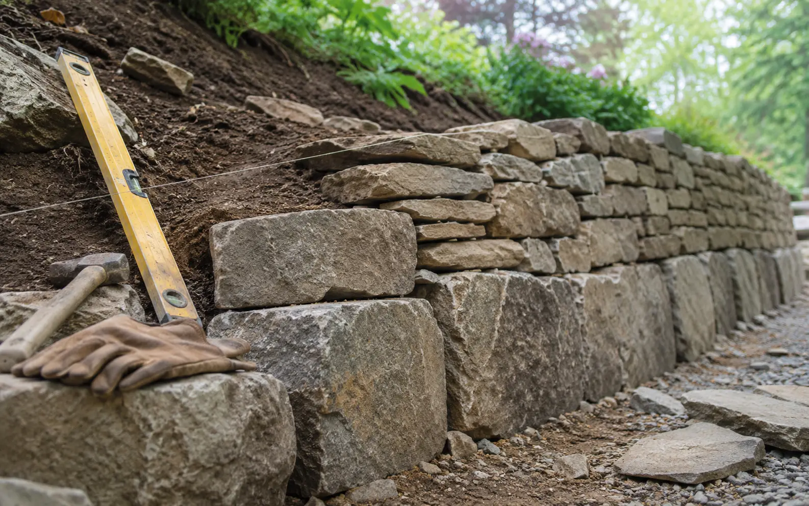 Trockenmauer aus Naturstein stützt den Hang