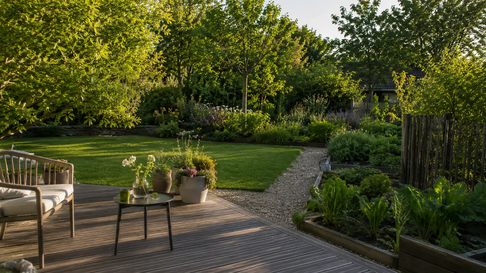 Angelegter Gartenweg aus Natursteinpflaster gliedert den Garten
