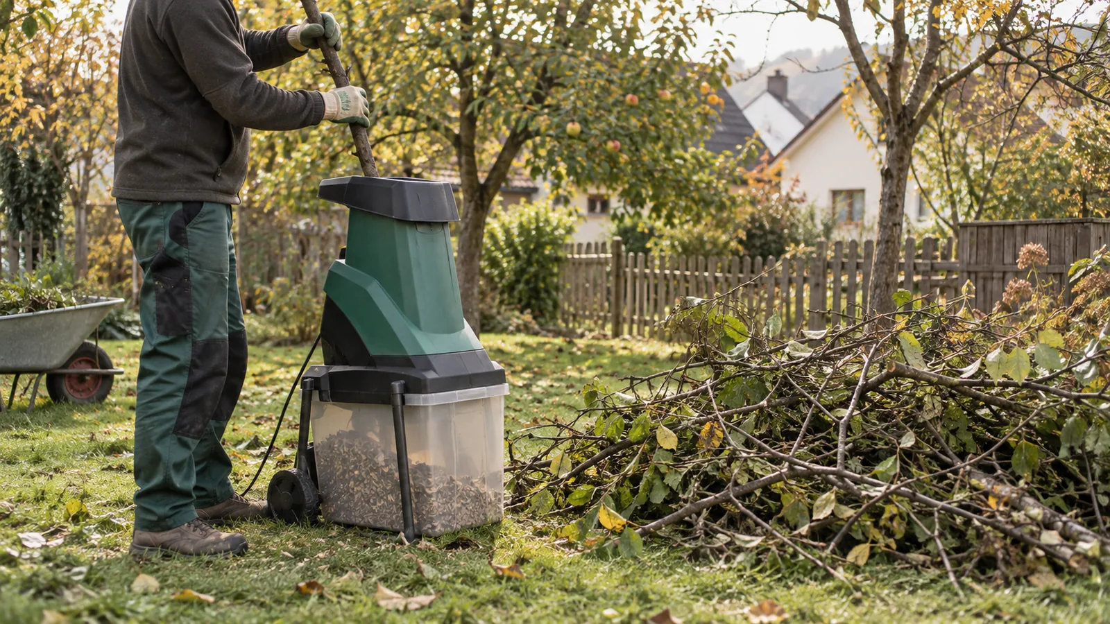 Elektrischer Gartenhäcksler neben einem Haufen Strauchschnitt im Herbstgarten
