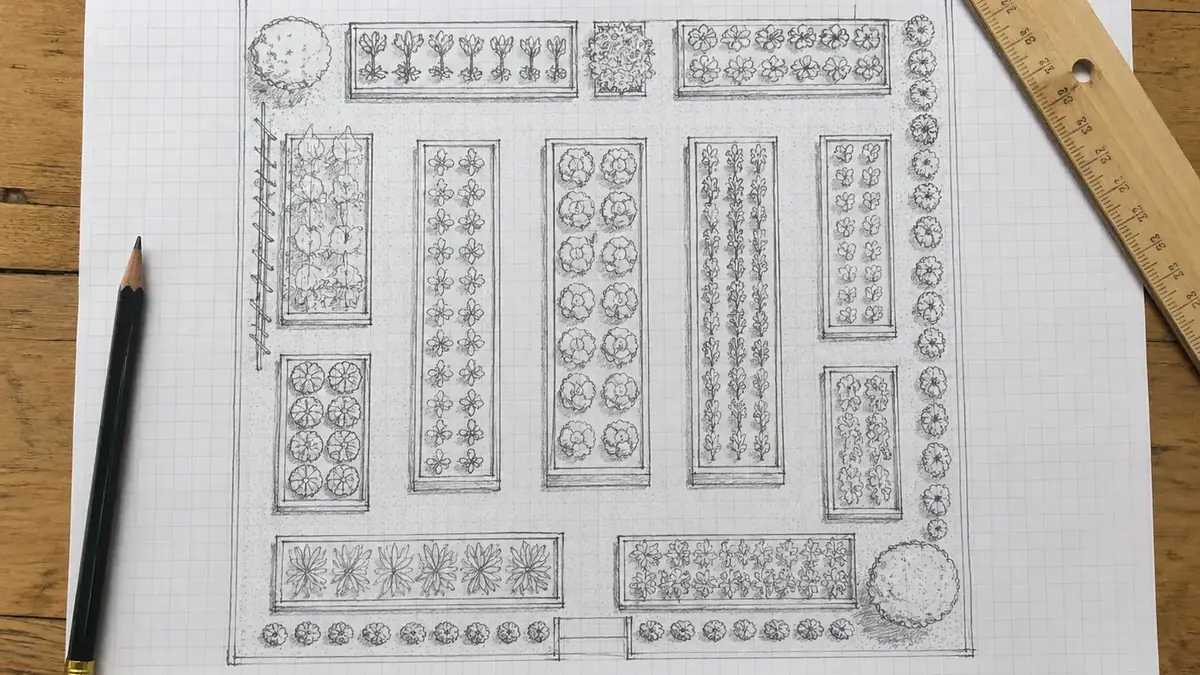 Schema eines Gemüsegartens mit 120 cm breiten Beeten und Wegen dazwischen