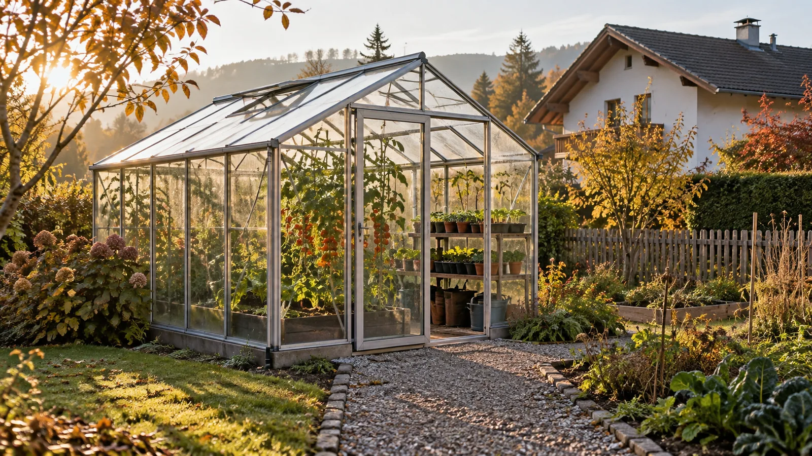 Aluminium-Glas-Gewächshaus mit Tomaten im Hausgarten