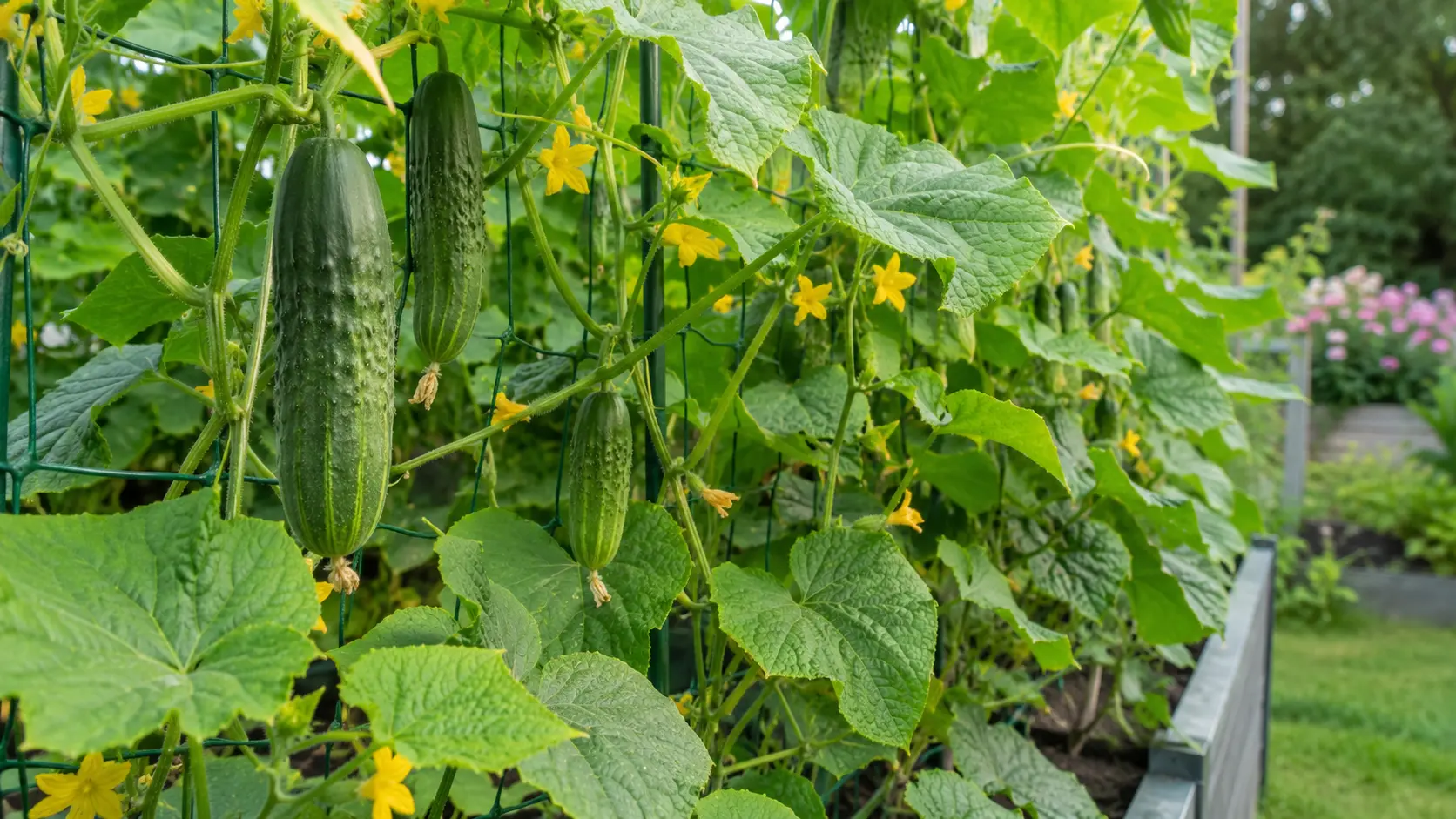 Gurken und Zucchini mit kräftigem Laub im sommerlichen Gemüsebeet