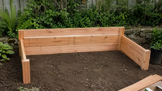 Frisch gebautes Hochbeet aus Lärchenholz im Hausgarten, Mai-Abendlicht