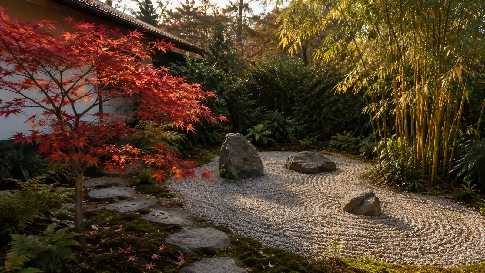Japanischer Garten mit Fächerahorn, Moos, Steinen und geharkter Kiesfläche