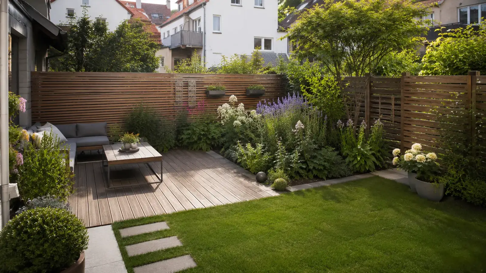 Kleiner Garten geschickt gestaltet mit vertikaler Begruenung und Sitzecke