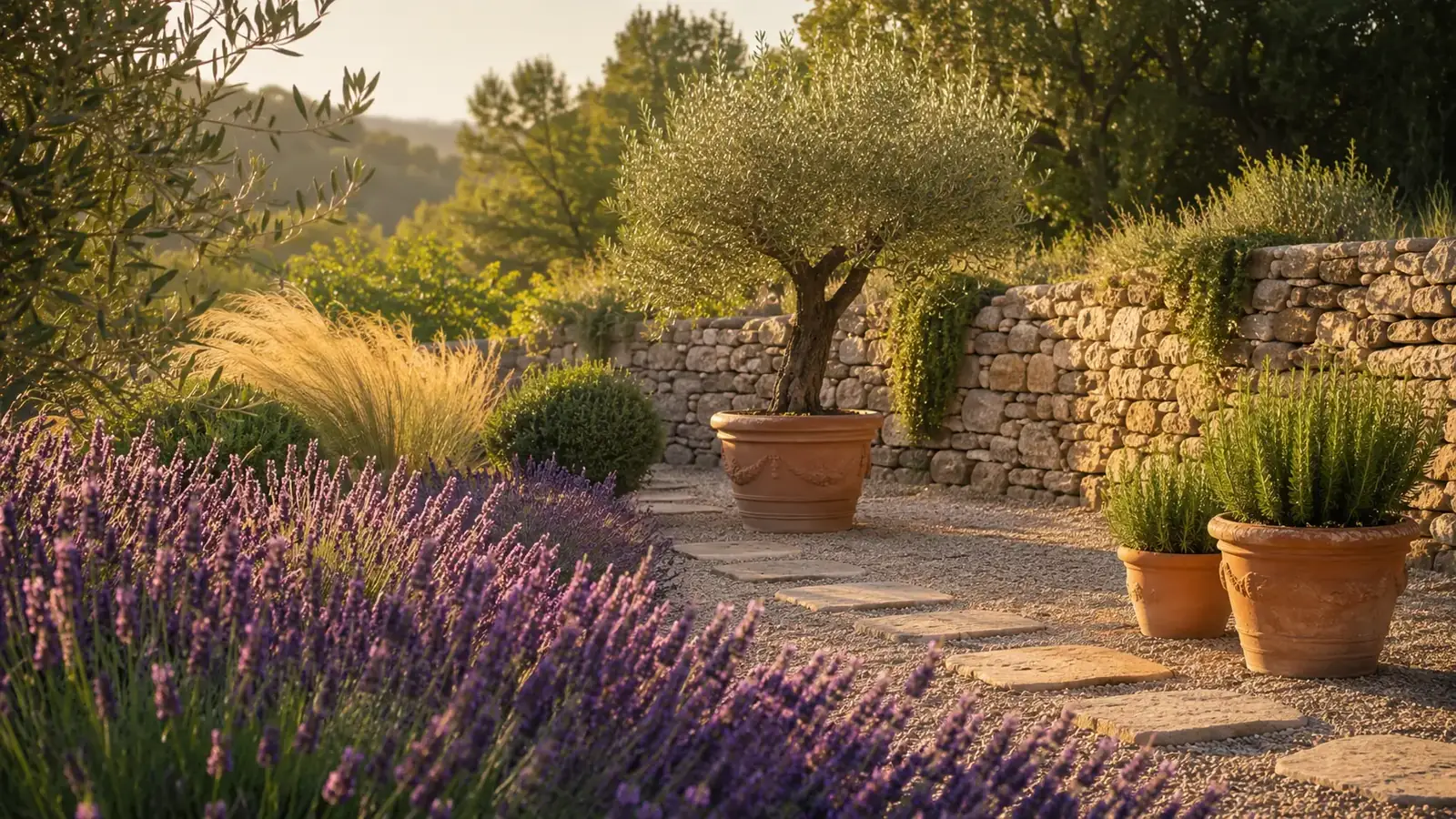 Mediterraner Garten mit Lavendel, Terrakotta-Töpfen und Natursteinterrasse