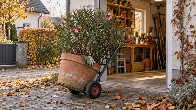 Oleander im Kübel auf dem Weg ins Winterquartier