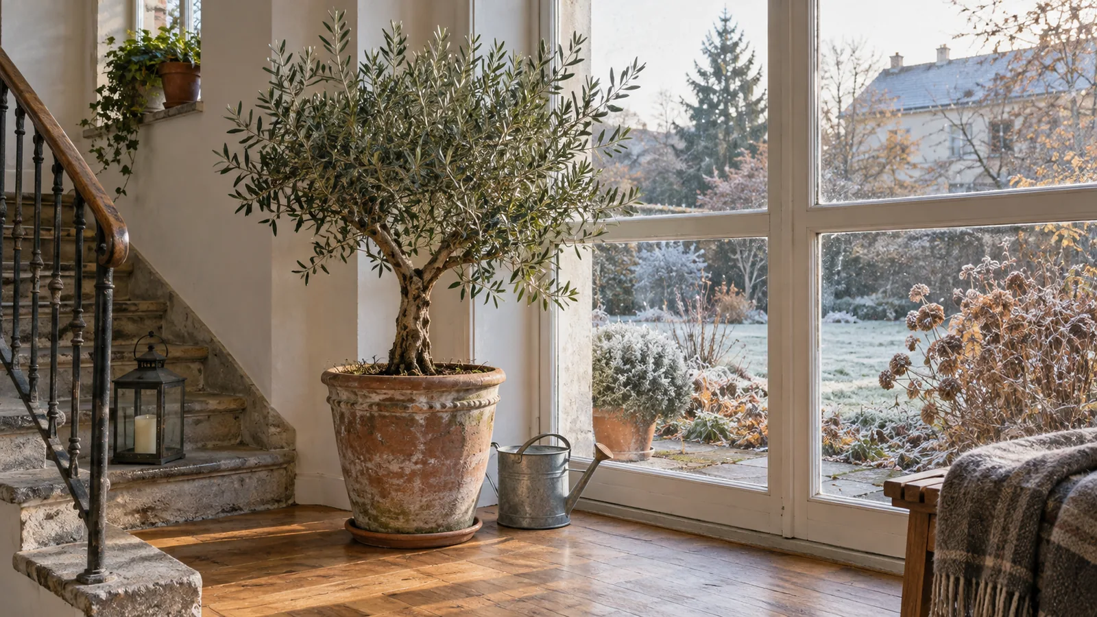 Olivenbaum im Terracotta-Kübel im hellen, kühlen Winterquartier