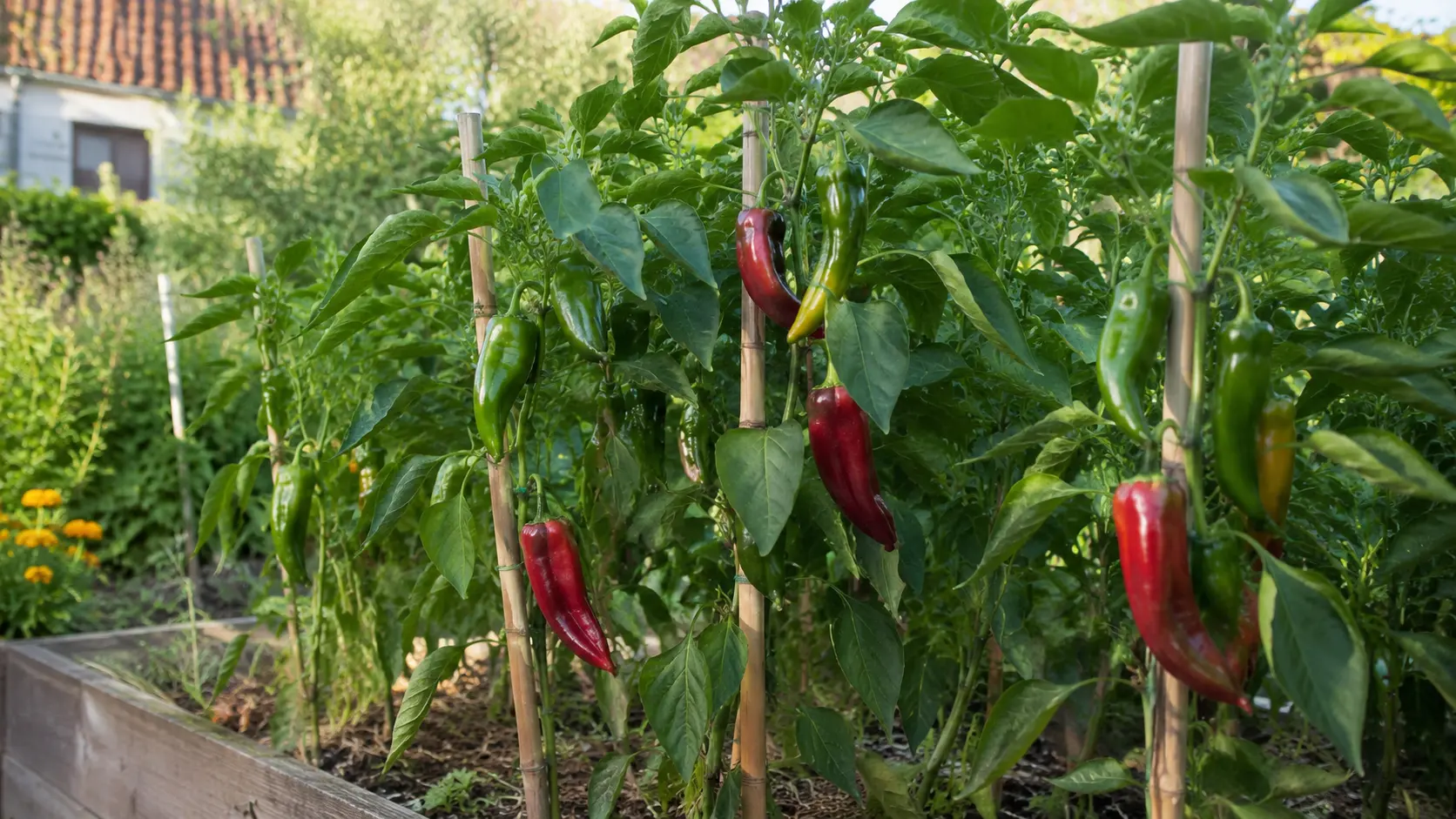 Paprika- und Chilipflanzen mit reifen, glänzenden Früchten