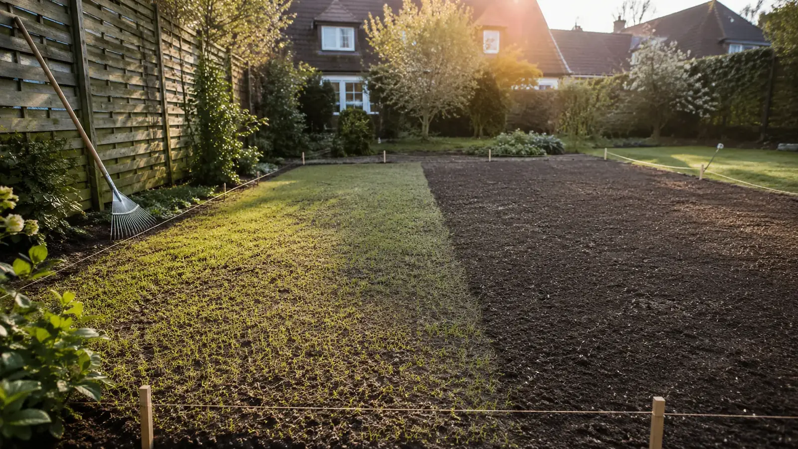 Neuer Rasen wird angelegt - vorbereiteter Boden mit frisch ausgesaeten Grassamen