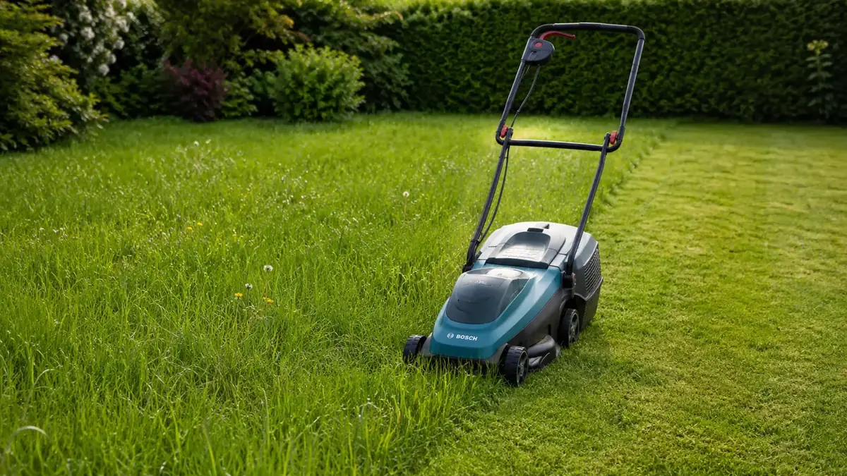 Die erste Mahd des jungen Rasens bei 8 cm Halmhoehe