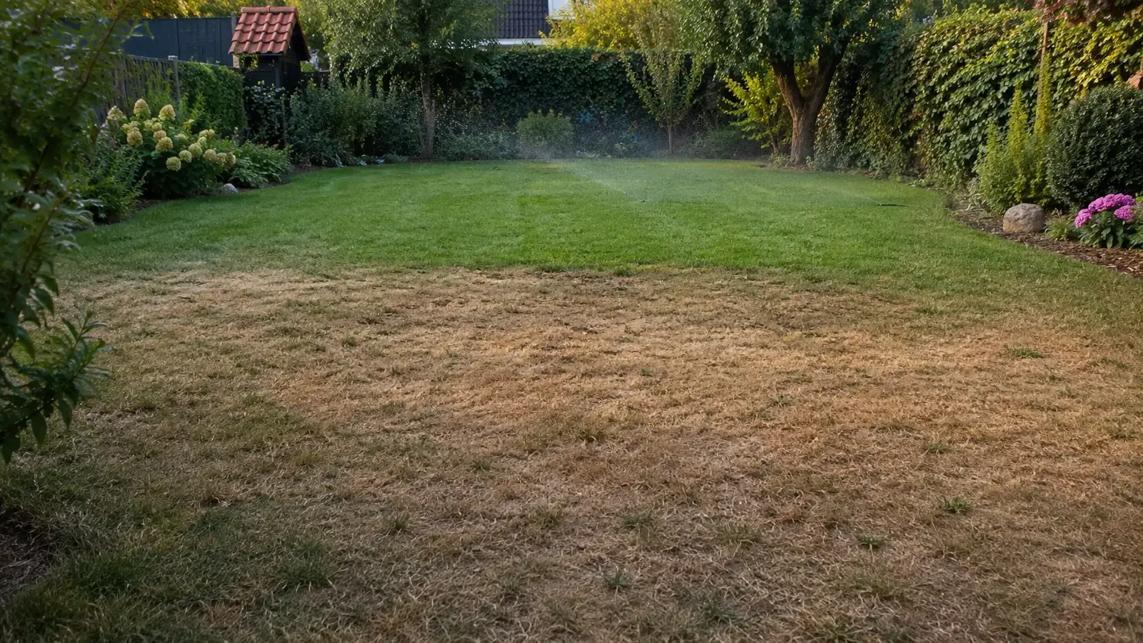 Vertrockneter Rasen nach Hitzewelle wird saniert und nachgesaet