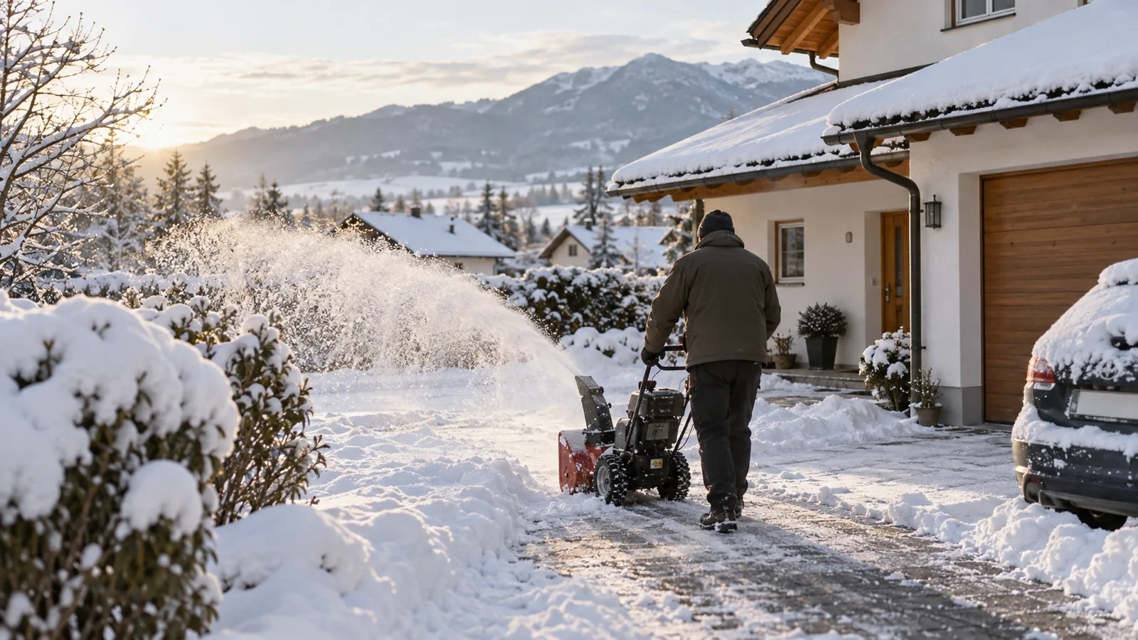 Schneefräse räumt eine verschneite Einfahrt vor einem Einfamilienhaus