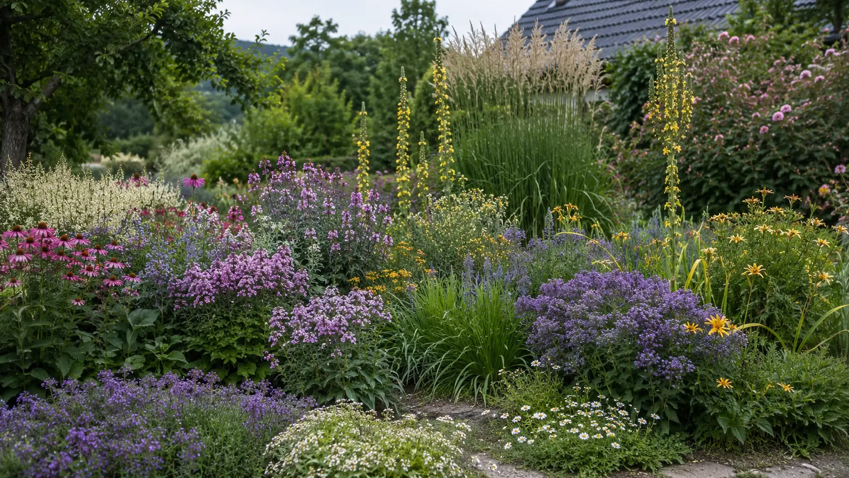 Ganzjährig blühendes Staudenbeet mit Sonnenhut, Phlox und Gräsern im Spätsommer