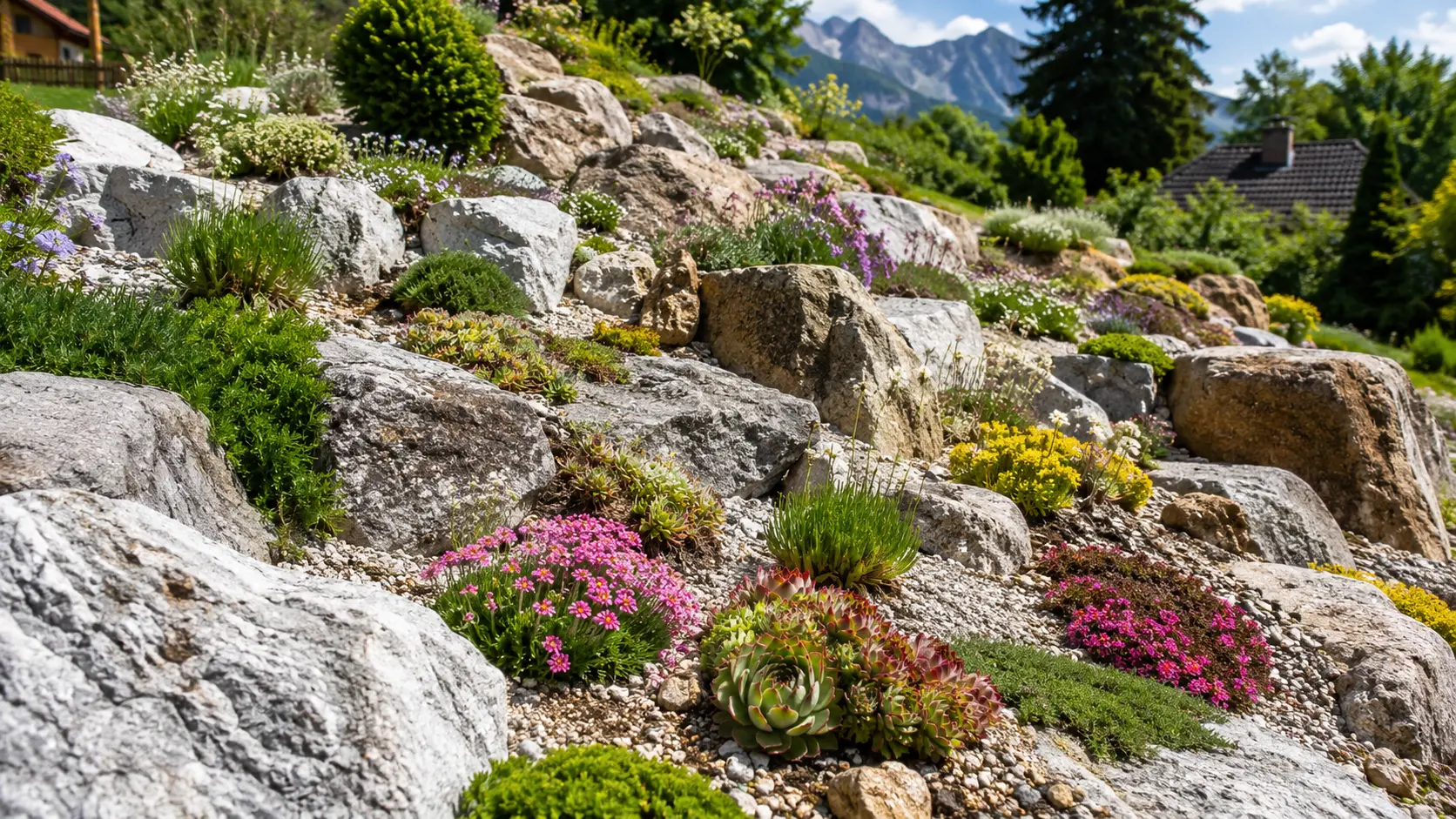 Steingarten mit Findlingen, Polsterstauden und Splitt in voller Sonne