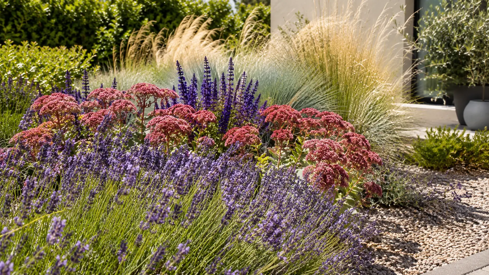 Trockenresistentes Staudenbeet mit Lavendel, Sedum und Gräsern in der Sommerhitze
