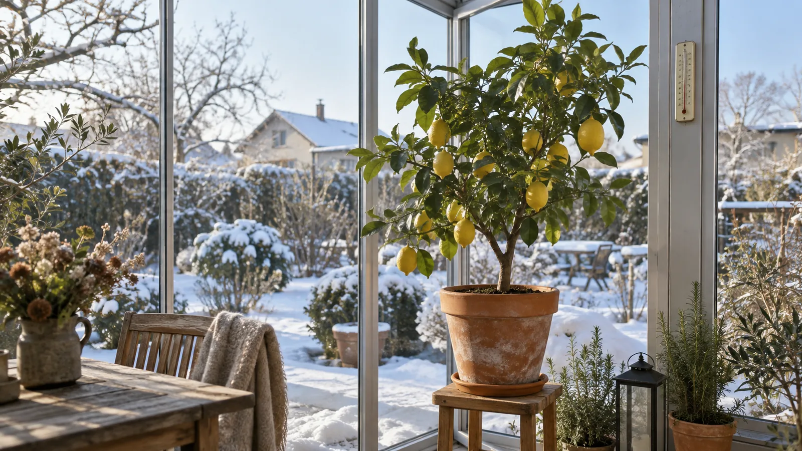 Zitronenbaum mit reifen Früchten im kühlen, hellen Wintergarten