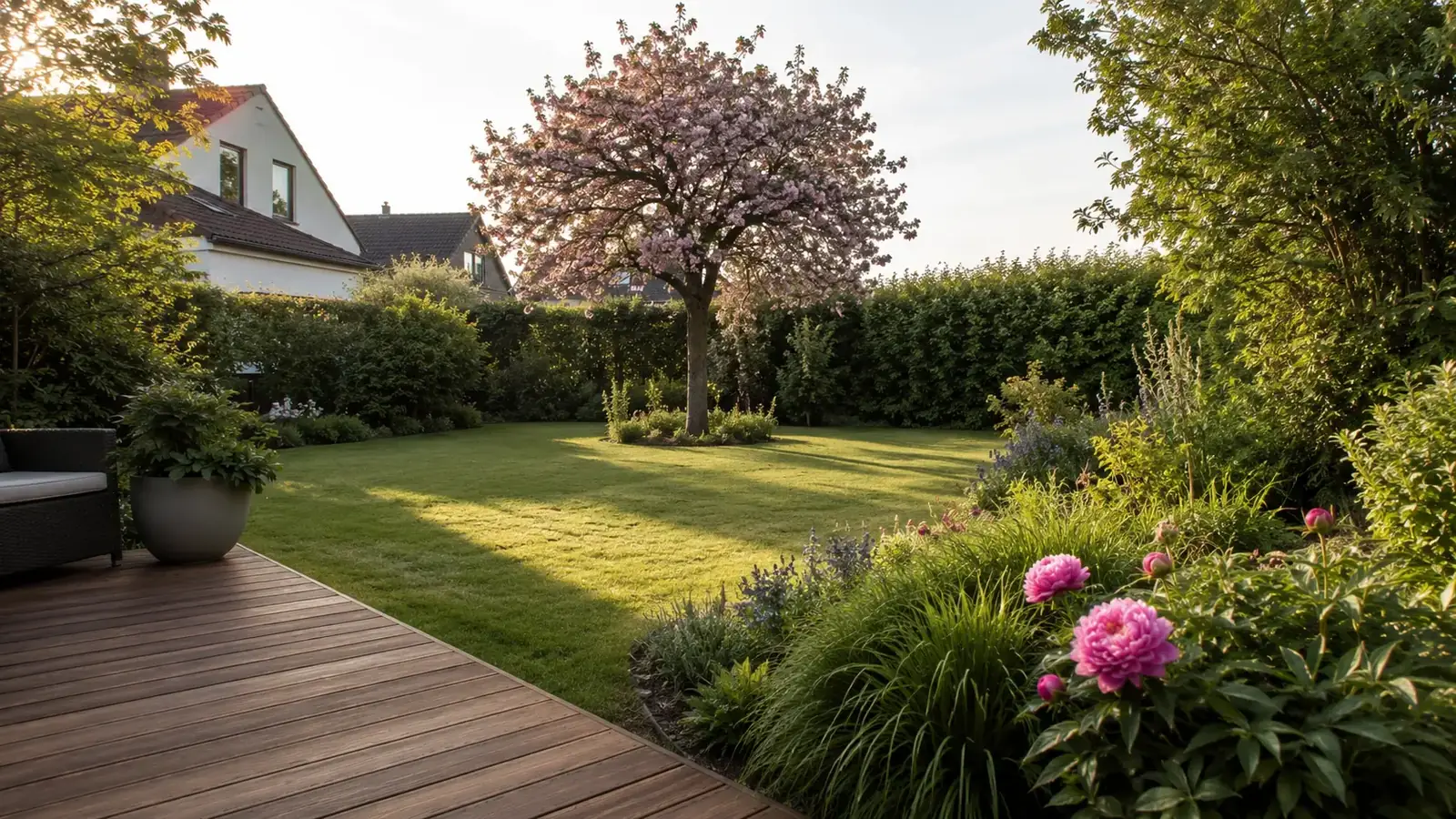 Hausgarten mit Holzterrasse, frisch gemähtem Rasen, blühender Zierkirsche und Staudenbeet mit Pfingstrosen im Abendlicht