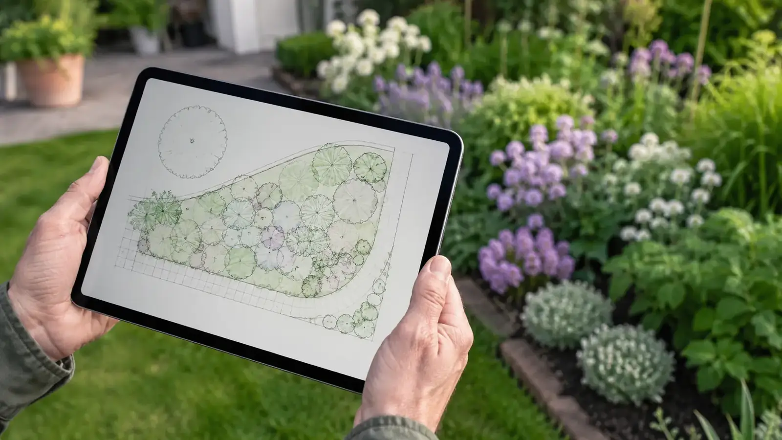 Gartenplan mit Pflanzenliste und Maßstab auf einem rustikalen Tisch