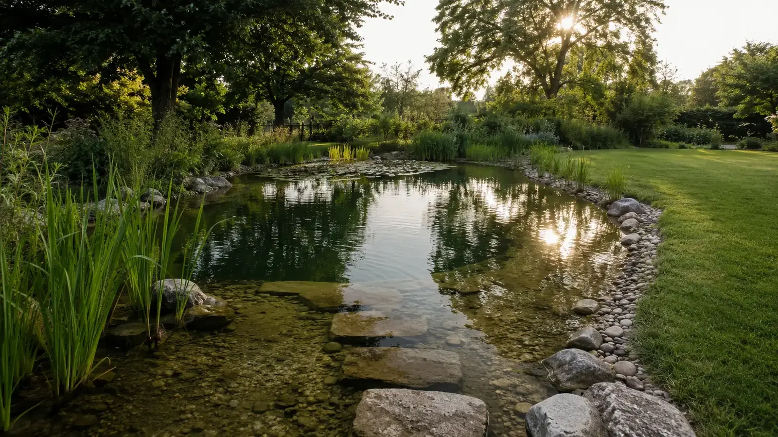 Naturpool mit Steinrand, Schilf und Trittsteinen im sommerlichen Hausgarten bei Abendsonne